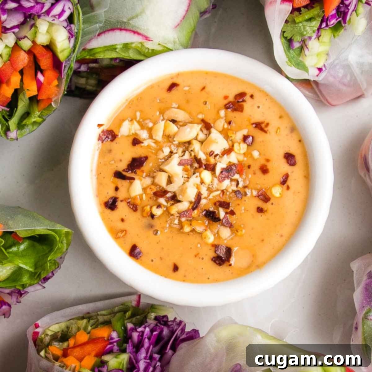 Crisp Veggie Spring Rolls with Creamy Peanut Sauce 8 Close up of a bowl of peanut sauce for spring rolls. It's topped with crushed peanuts and red pepper flakes.