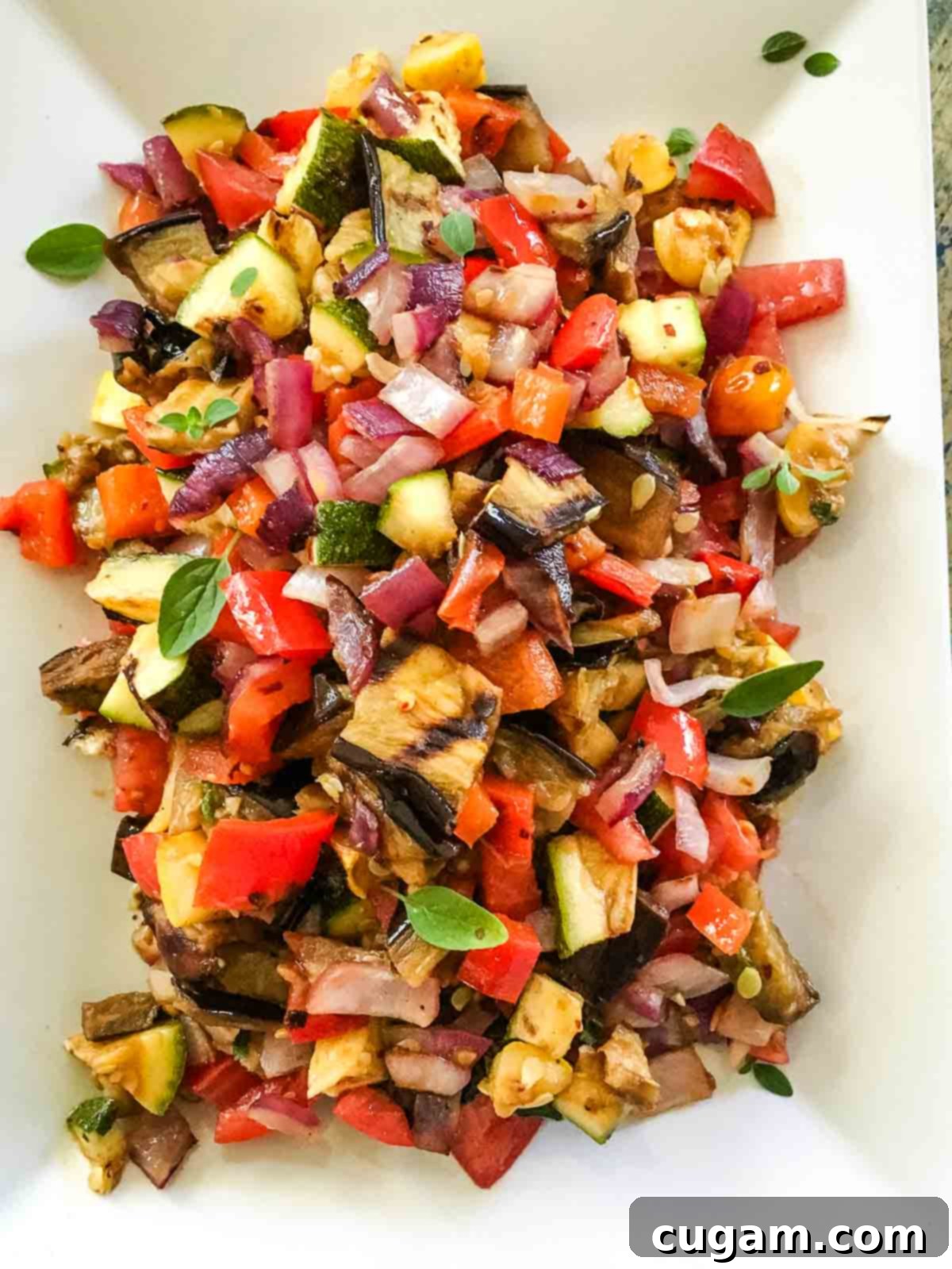 Grilled summer vegetables diced into a colorful ratatouille salad, garnished with fresh herbs, ready to be served.