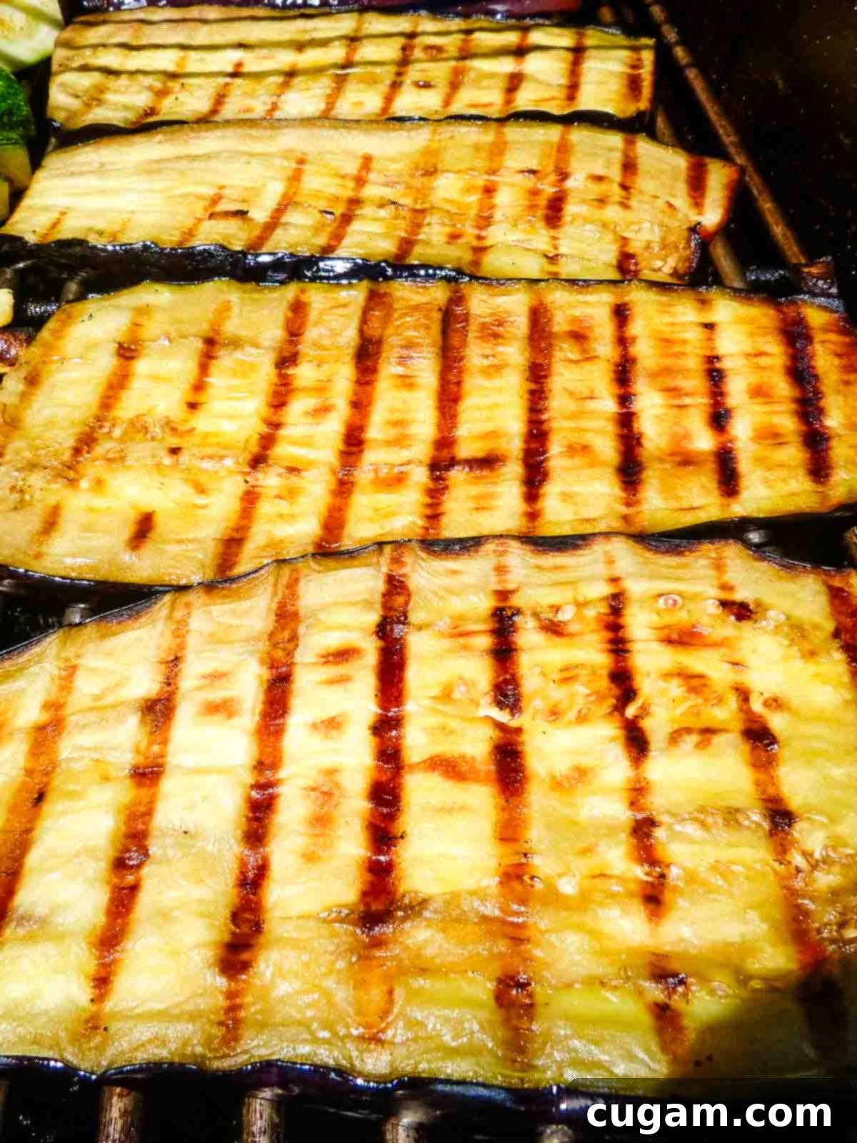 Grilled zucchini and eggplant slices placed carefully on a hot grill, showing the beginnings of char marks and natural release.