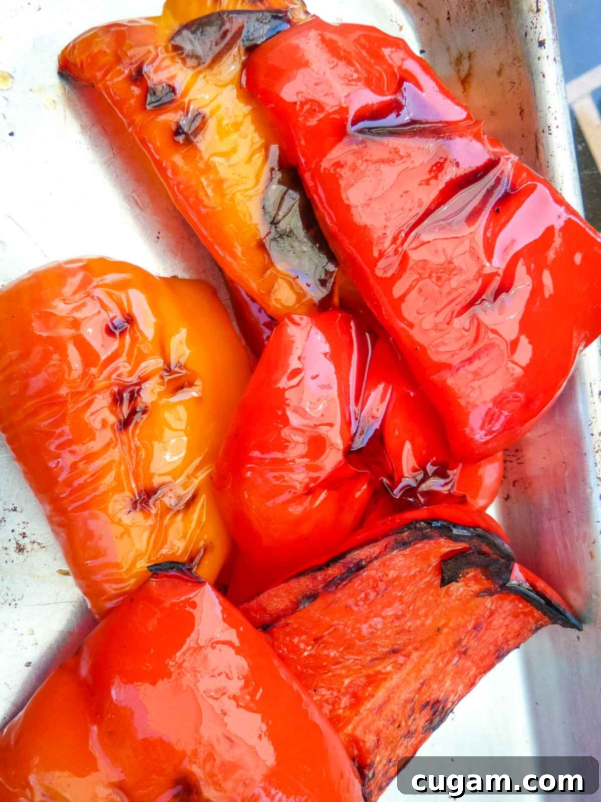A large platter generously filled with various grilled vegetables, including eggplant, zucchini, and colorful bell peppers, cooling down before being diced.