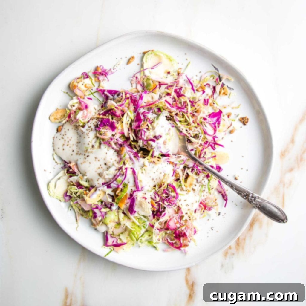 Shaved Brussels Sprout Slaw 5 White plate with shredded brussels sprouts and cabbage, toasted nuts and seeds and a creamy dairy-free dressing.