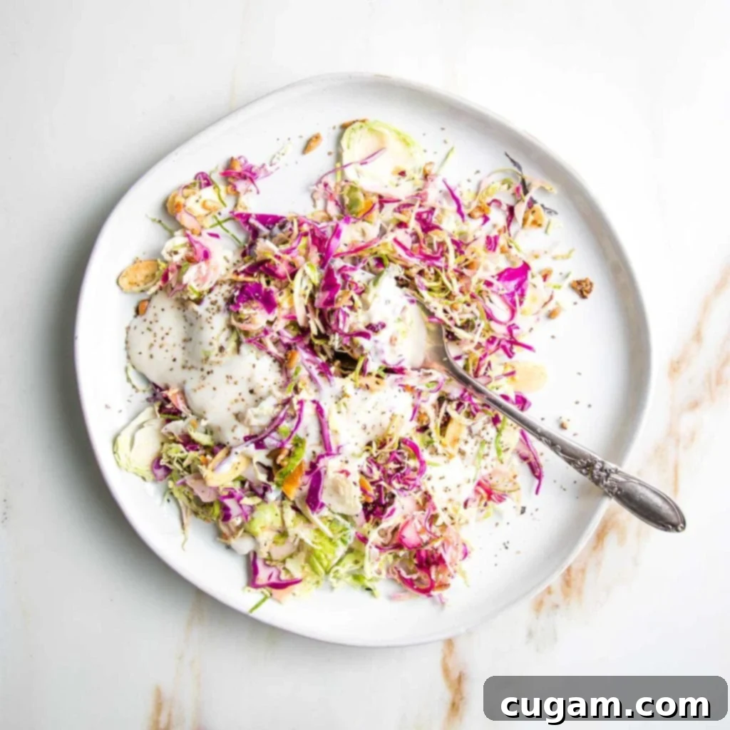 A close-up shot of a white plate featuring the vibrant shredded Brussels sprouts and cabbage salad, generously topped with toasted nuts and seeds, and a rich, creamy dairy-free dressing.