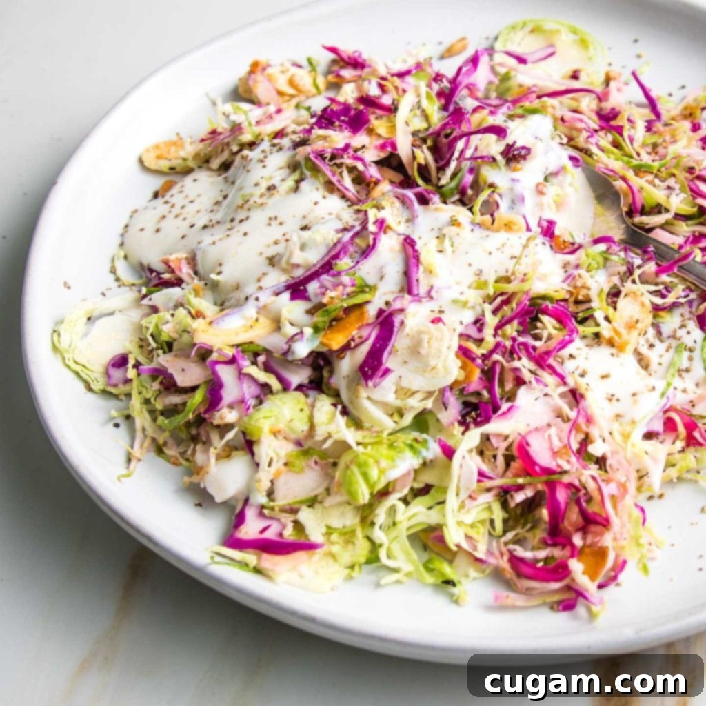 Shaved Brussels Sprout Slaw 7 Shredded brussels sprouts and cabbage salad with creamy dairy-free dressing on a white plate, sprinkled with toasted nuts and seeds