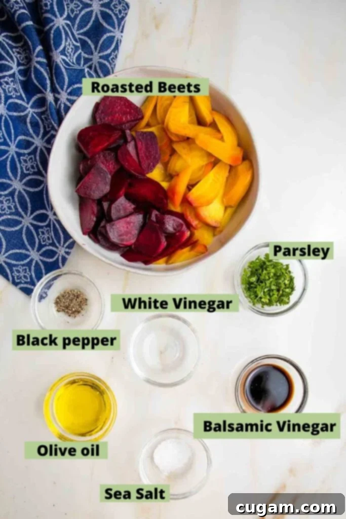 Roasted beet salad ingredients labeled: roasted beets, black pepper, parsley, white vinegar, balsamic vinegar, olive oil, sea salt, black pepper.