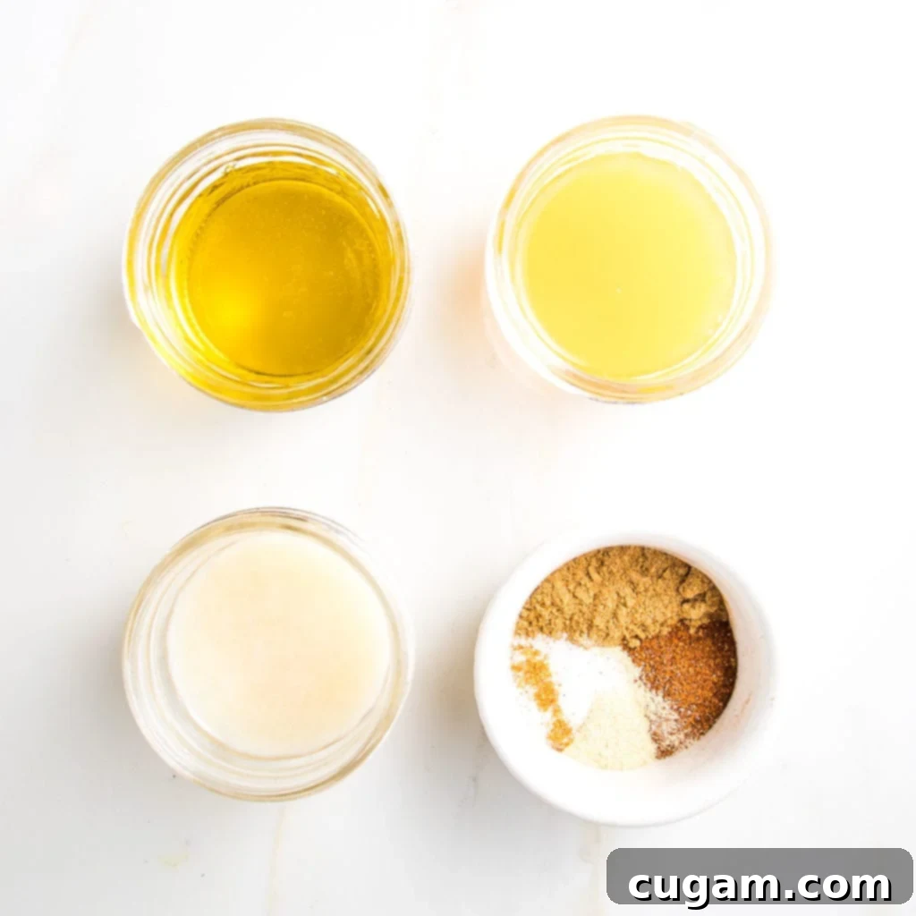A collection of small glass dishes showcasing the vibrant ingredients for the quinoa salad dressing. The dishes hold golden olive oil, freshly squeezed lime juice, bright orange juice, and an array of dry spices including cumin, chili powder, garlic powder, sea salt, and a pinch of cayenne pepper, all ready to be combined into a flavorful dressing.