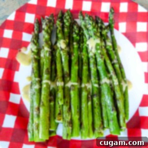 Grilled asparagus spears, drizzled with a yellow mustardy sauce.