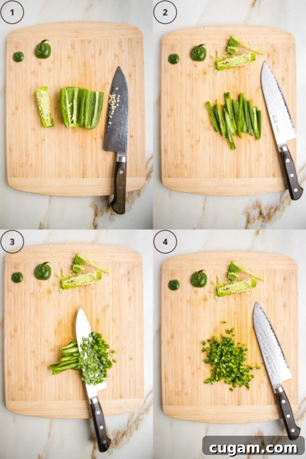 Step by step guide to dicing a jalapeno: 1: cut off stem and bottom ends, then remove core and seeds. 2: cut into thin strips lengthwise. 3: turn strips sideways and cut the other way. 4: chop more finely if desired. 
