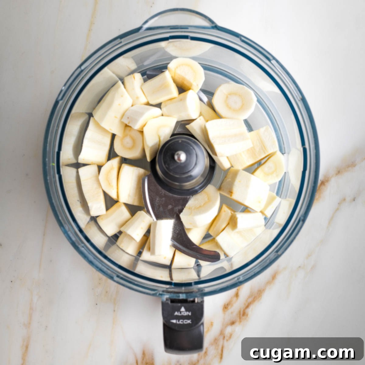 Chunks of parsnips in the bowl of a food processor. 