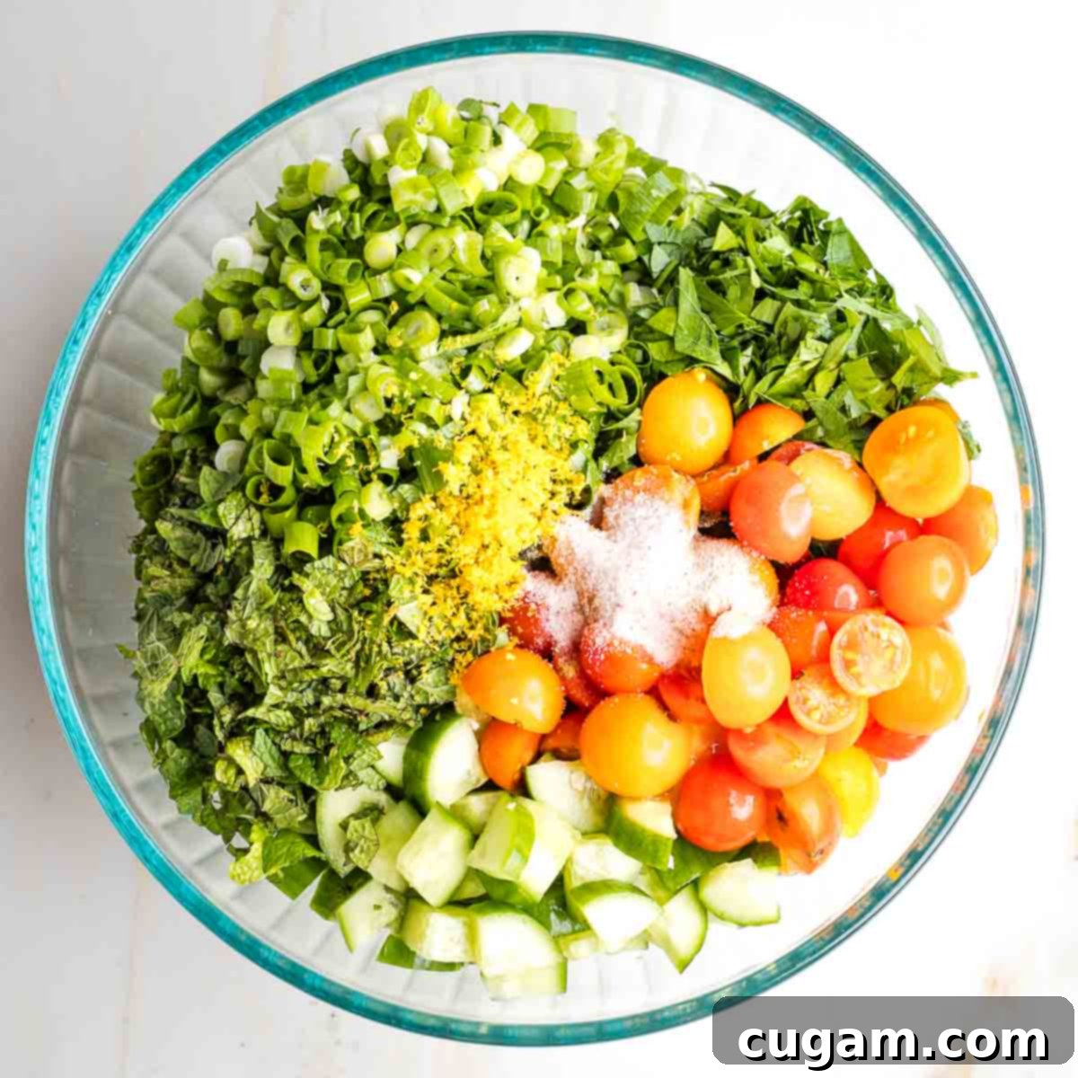 Large bowl with sections of tomatoes, cucumbers, fresh herbs, scallions, lemon zest, salt and pepper.