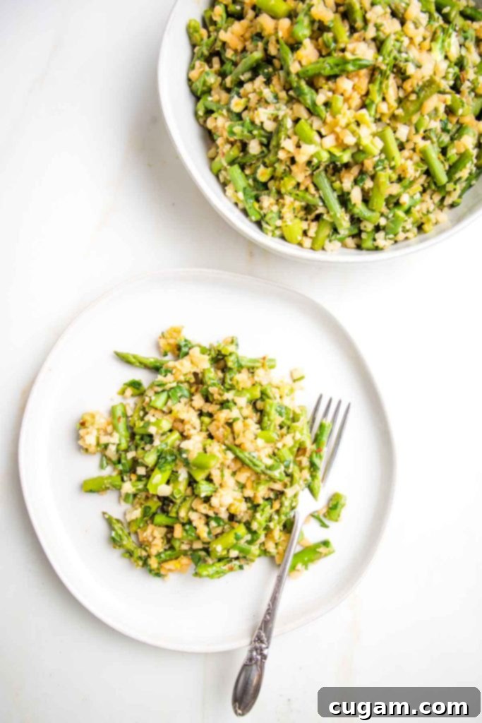 Cauliflower rice with asparagus and also a plate of it with a fork.