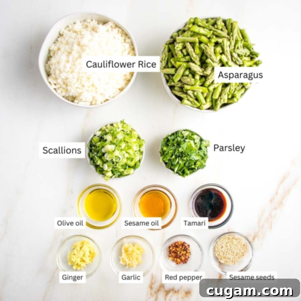 Labeled ingredients: cauliflower rice, asparagus, parsley, olive oil, sesame oil, tamari, ginger, garlic, sesame seeds, red pepper flakes.