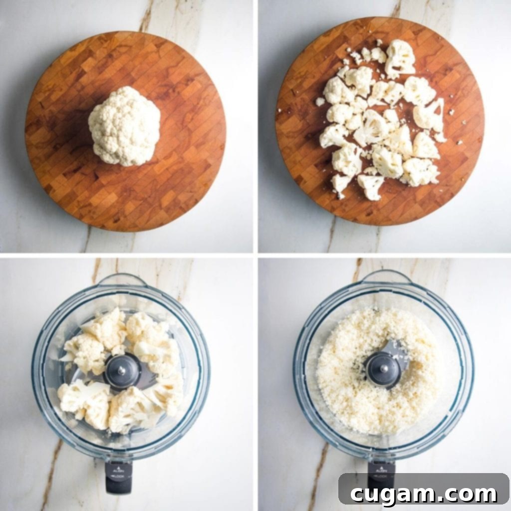 4 photos showing steps to making cauliflower into rice. Chopped into florets and then pulsed in the bowl of a food processor