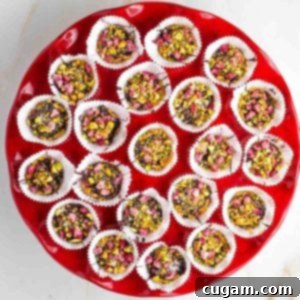 Red cake plate filled with chocolate peanut butter cups with pomegranate and pistachios in white liners.