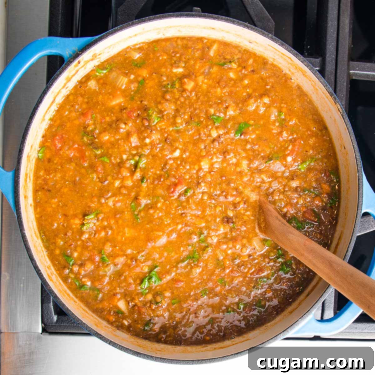 Dutch oven with chunky lentil soup and wilted kale, perfectly integrated and ready to serve.