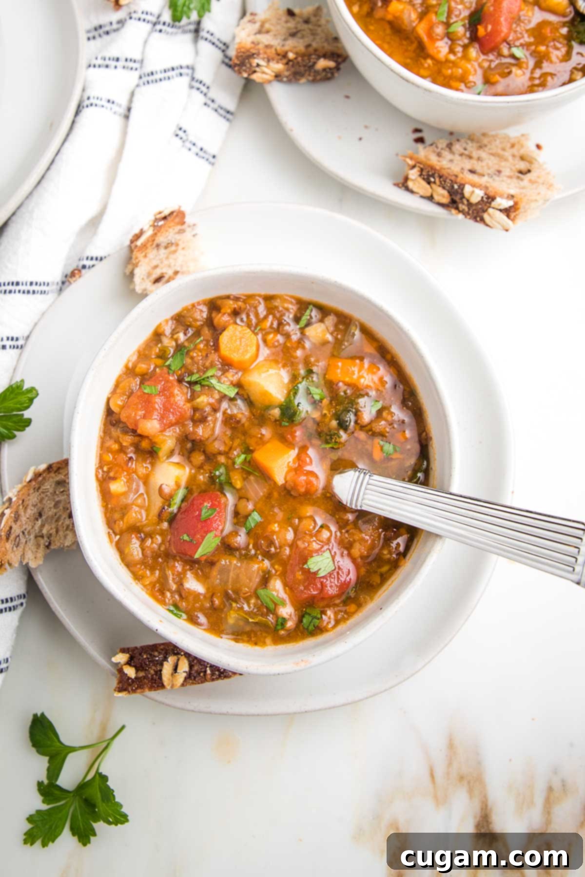 Bowl of chunky lentil soup, loaded with carrots, tomatoes, parsnips and celery in a white bowl. You can see part of another bowl in the distance. There are chunks of crusty bread and fresh parsley, plus a white dish towel with navy stripes, showcasing a comforting and appetizing meal.