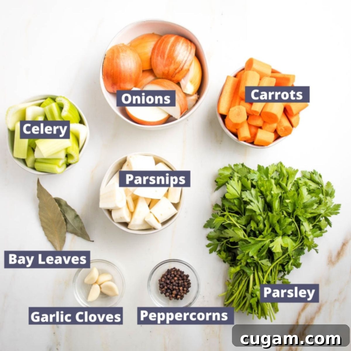 Assortment of fresh vegetables including carrots, celery, parsnips, onions, garlic, and parsley on a wooden board.