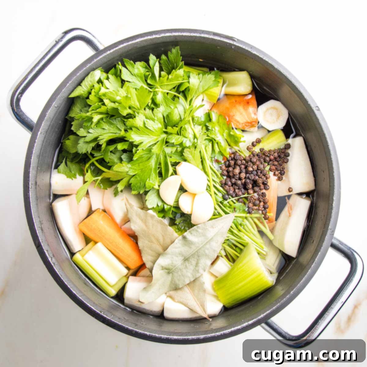 Stock pot with carrots, celery, parsley, parsnips peppercorns floating on top.