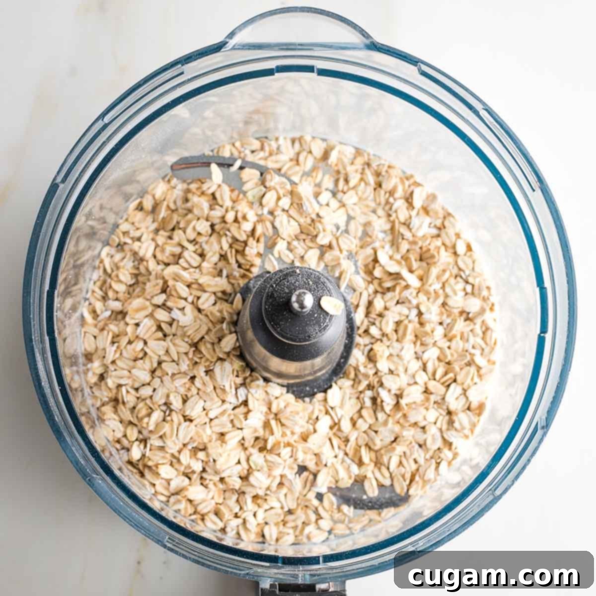 Old fashioned oats in a food processor bowl.