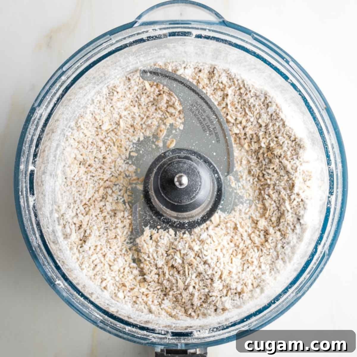 Coarsely ground oats in the bowl of a food processor.