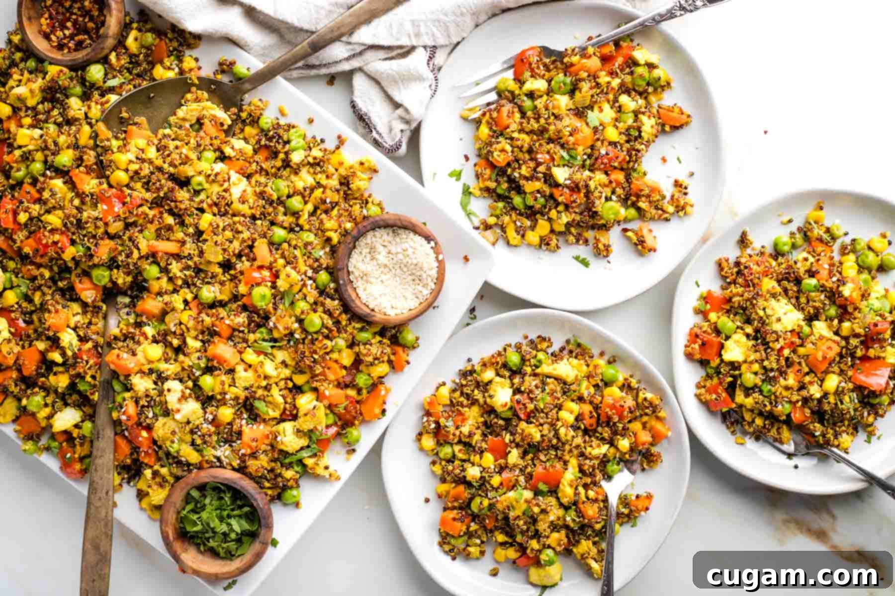 Plant-Powered Tofu Quinoa Stir-Fry 15 Crispy quinoa with vibrant veggies and golden scrambled tofu served beautifully on a platter, with individual plates ready for serving.
