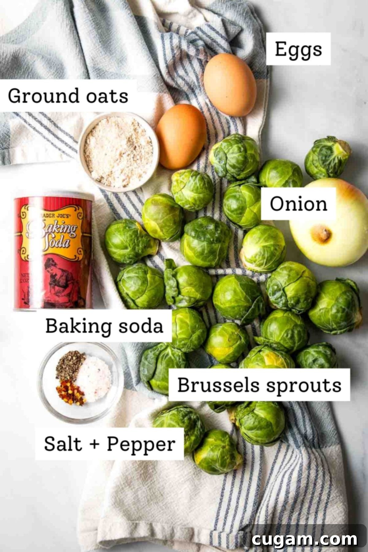 Labeled ingredients: brussels sprouts, baking soda, eggs, ground oats, salt and pepper, onion.