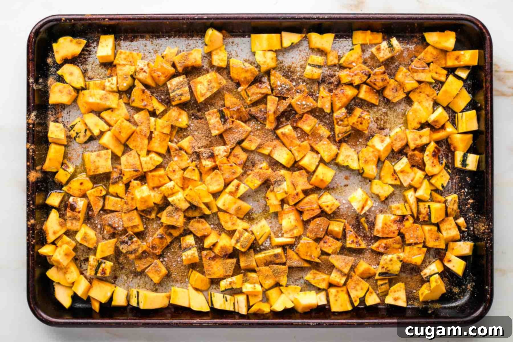 Rimmed baking tray with cubes of squash that have been sprinkled with warm spices.