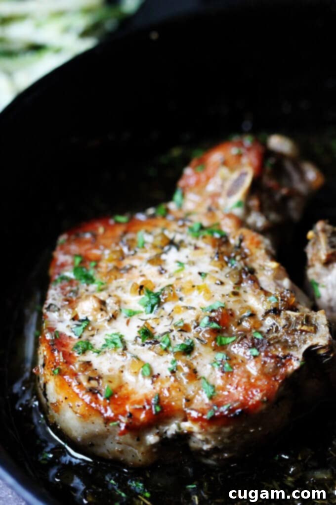 Bone in Brown sugar pork chop with garlic and herbs in a skillet