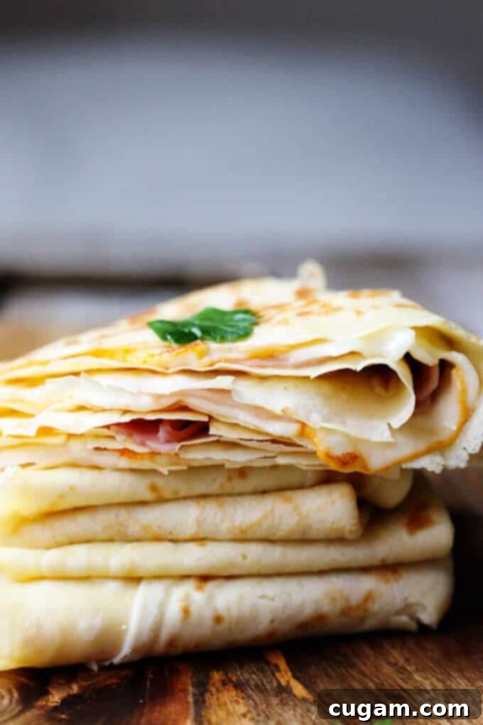 Freshly cooked crepes filled with ham and melted cheese, garnished with herbs on a dark plate.