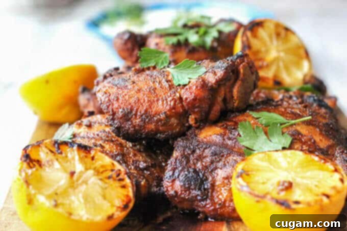 Platter of tender Grilled Chicken Shawarma, seasoned with authentic Middle Eastern spices, served with fresh herbs.