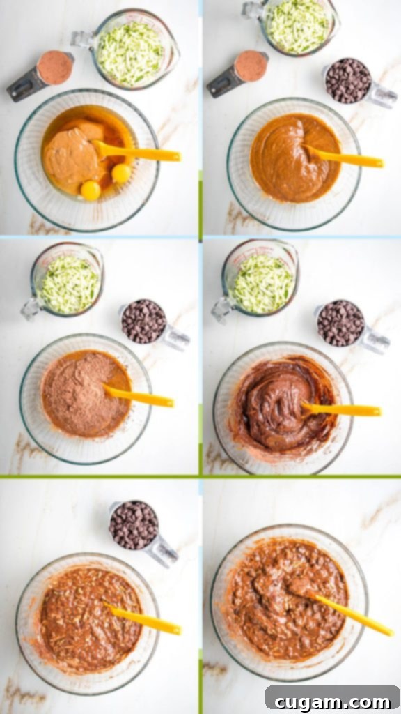 Step-by-step process of making chocolate zucchini brownies, showing simple, wholesome ingredients being mixed.