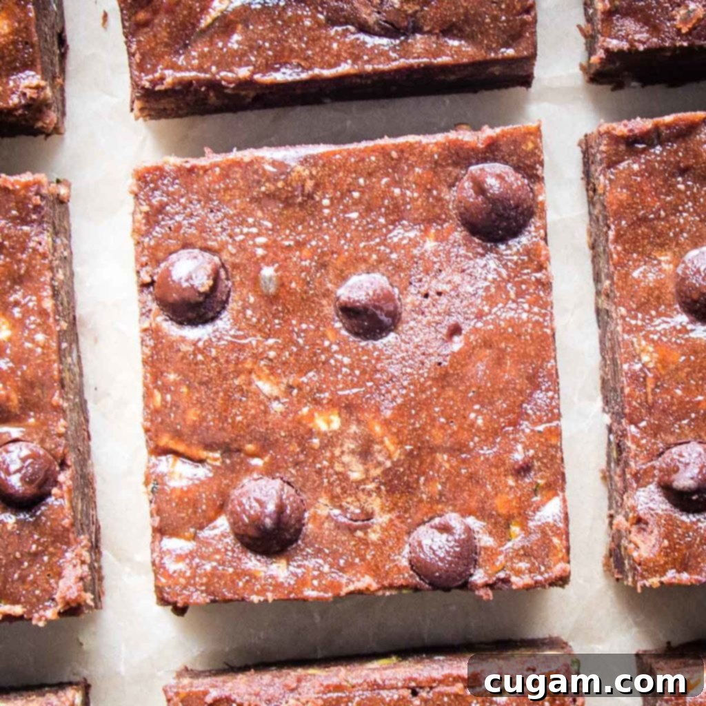 Close-up of a single chocolate zucchini brownie square, showing its rich texture and embedded chocolate chips, signifying a decadent treat.