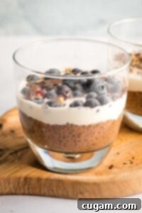 Chocolate chia pudding in a glass, topped with cream and blueberries.