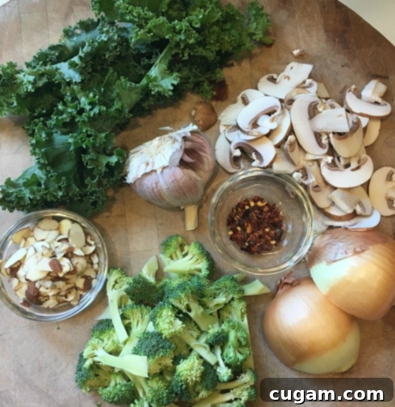 kale, broccoli, onions, mushrooms, ginger and garlic 