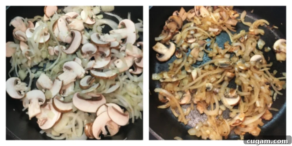 Sautee of onions and mushrooms in a cast iron skillet