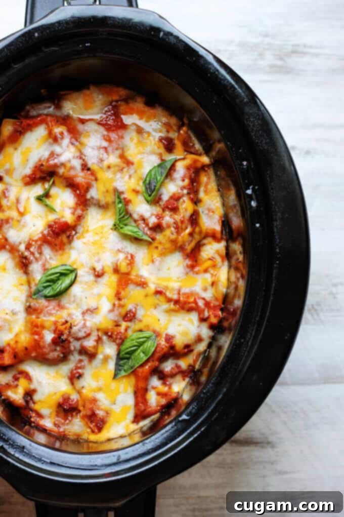 Delicious Slow Cooker Eggplant Lasagna with fresh basil