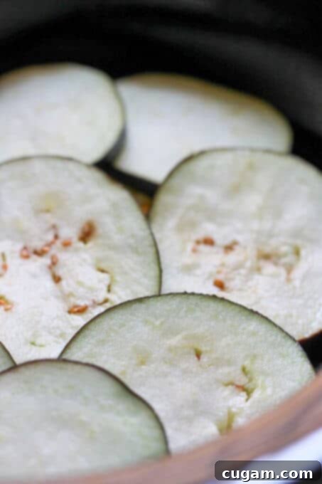 Final eggplant layer in the slow cooker lasagna