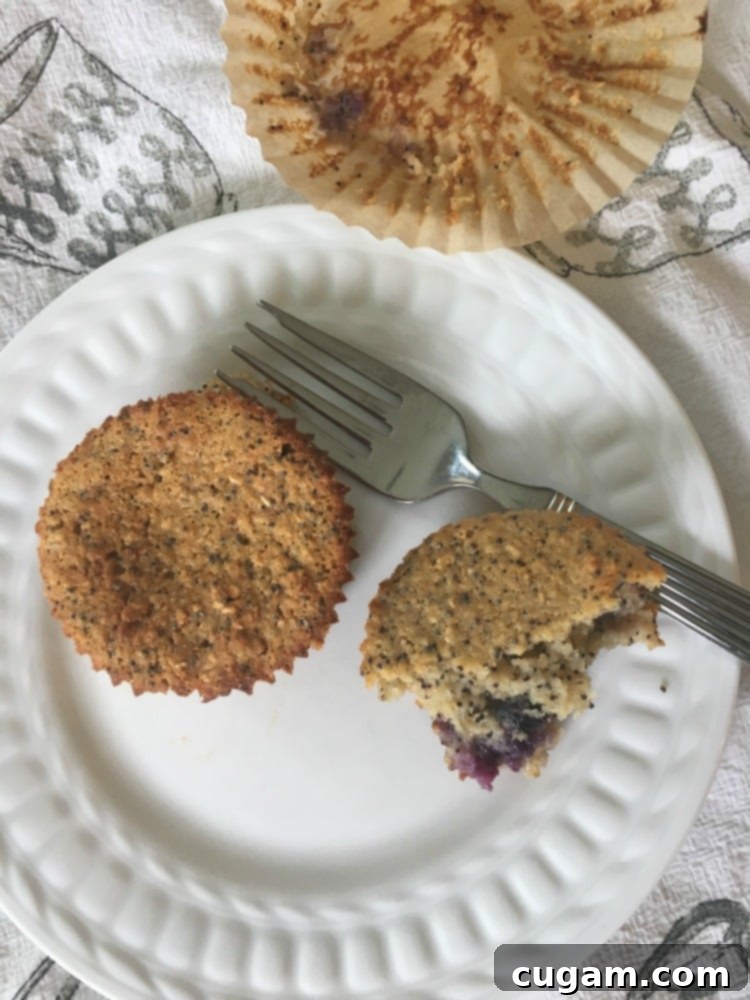 White plate showcasing a perfectly cut open blueberry lemon poppy seed muffin. The muffin is moist, fluffy, and full of juicy blueberries, illustrating a delicious gluten-free breakfast or snack.