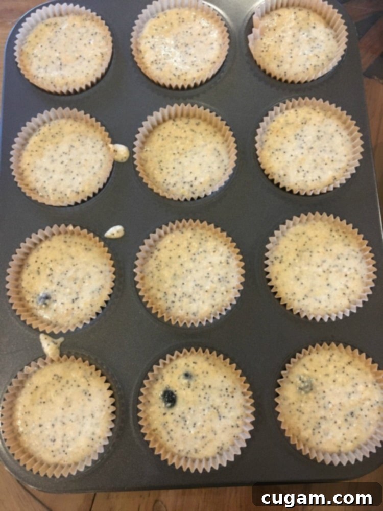 Lemon Poppy Seed Muffin batter in a muffin tin, sprinkled with poppy seeds and lemon zest, ready to go into the oven. Illustrates the preparation of healthy baked goods.