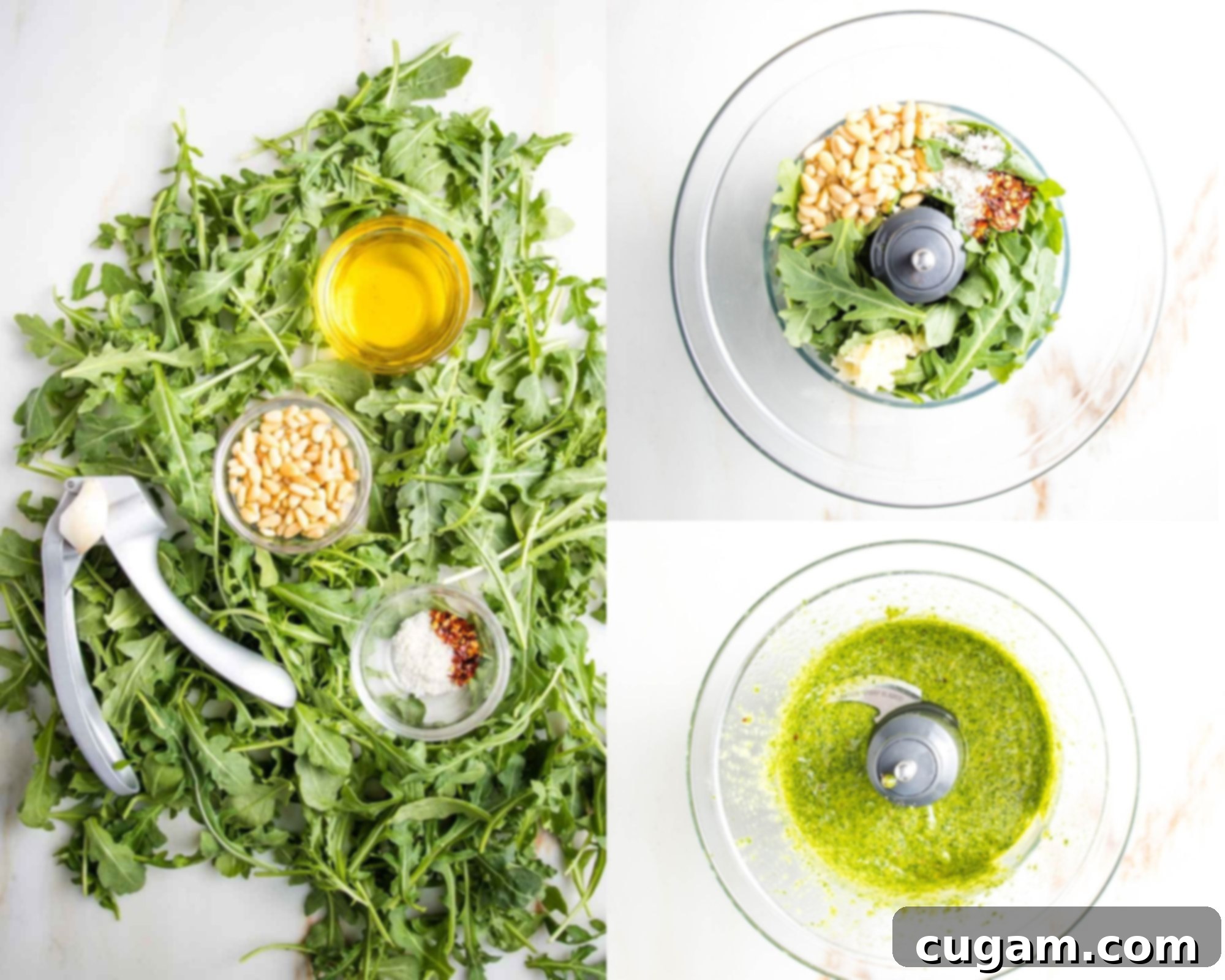 Arugula Aioli ingredients: arugula, garlic, olive oil, pine nuts, salt and crushed red pepper. Mixed into an aioli in a food processor. 