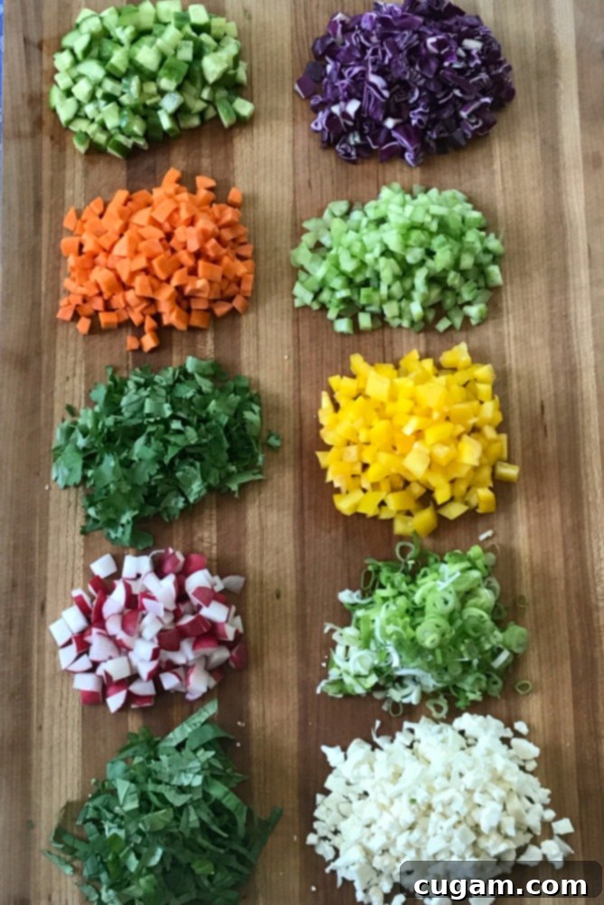 Finely chopped fresh vegetables for a salad