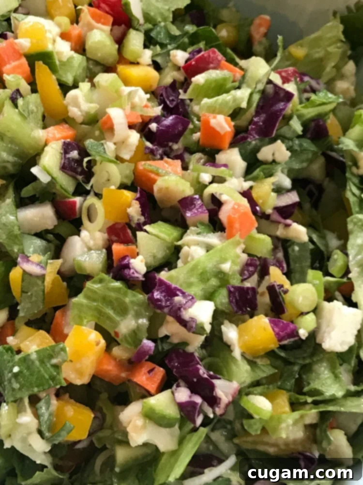 Colorful chopped veggies and greens with dressing drizzled on top