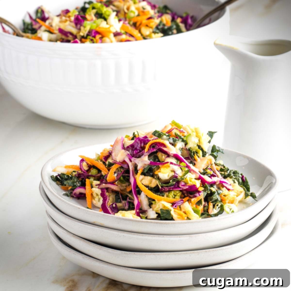 Colorful slaw on the top of a stack of plates and the serving bowl of slaw in the background.