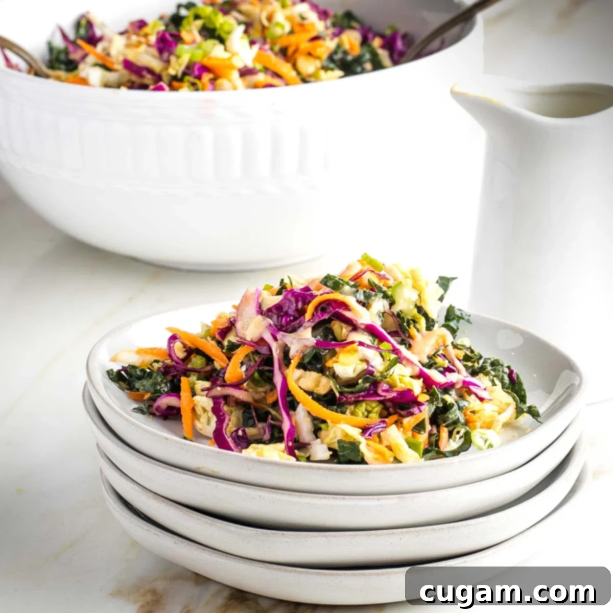 Colorful slaw on the top of a stack of plates and the serving bowl of slaw in the background.