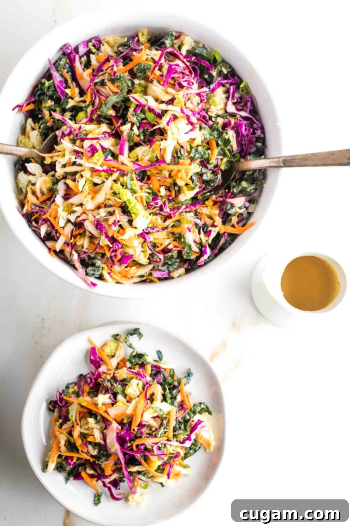 Bowl of bright and colorful coleslaw, a small plate with it and a small pitcher of extra dressing. 