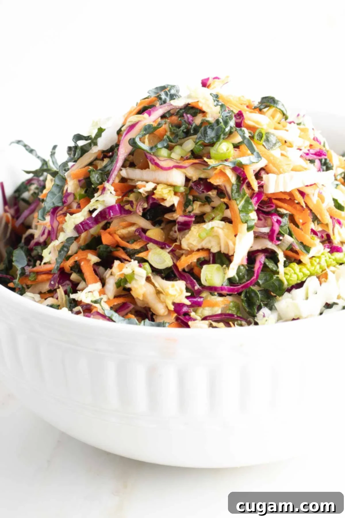 Colorful shredded veggies piled high in a bowl. 
