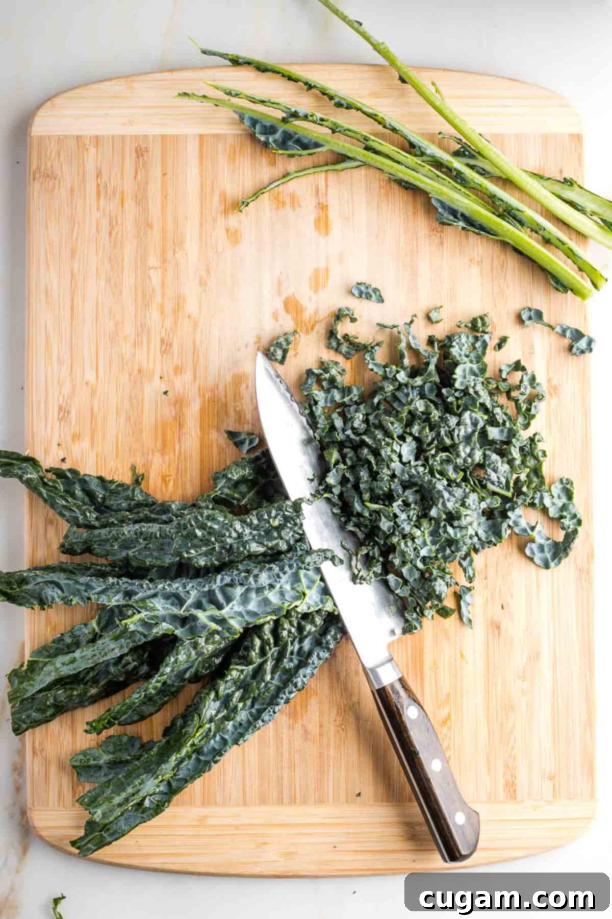 Lacinato kale, stems removed being cut into thin strips.