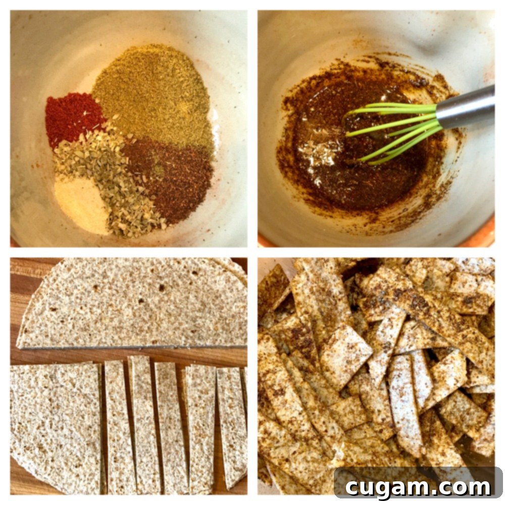 Tortillas cut into strips and coated with taco seasoning.