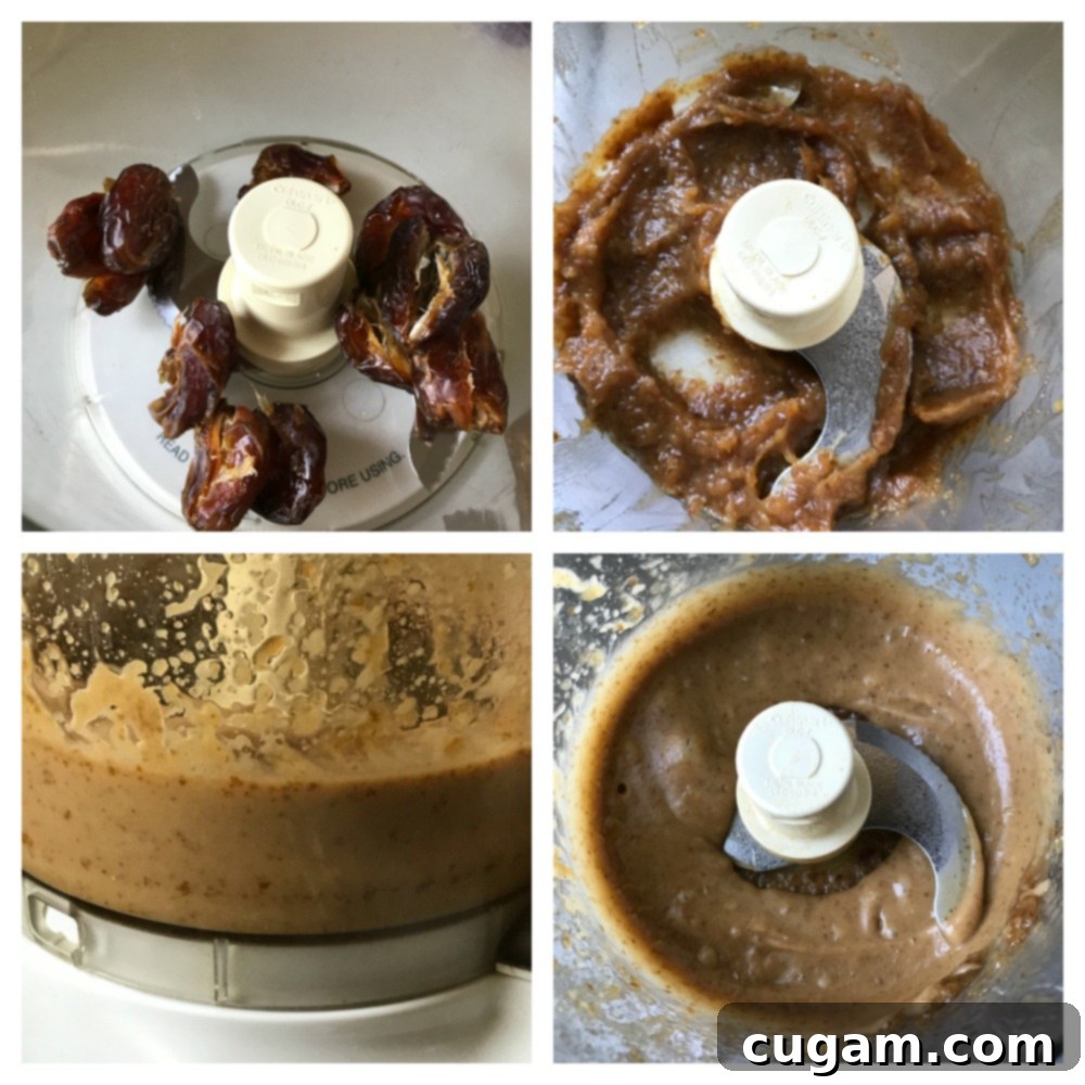 Food processor with dates being processed into paste.
