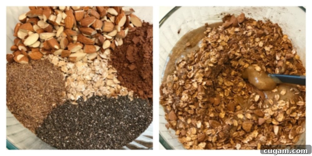 Bowl with almonds, chia seeds, cocoa powder, ground flax and oatmeal. 