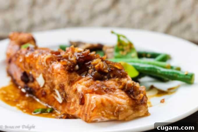 Delicious grilled salmon with simple homemade teriyaki sauce, garnished with green onions.